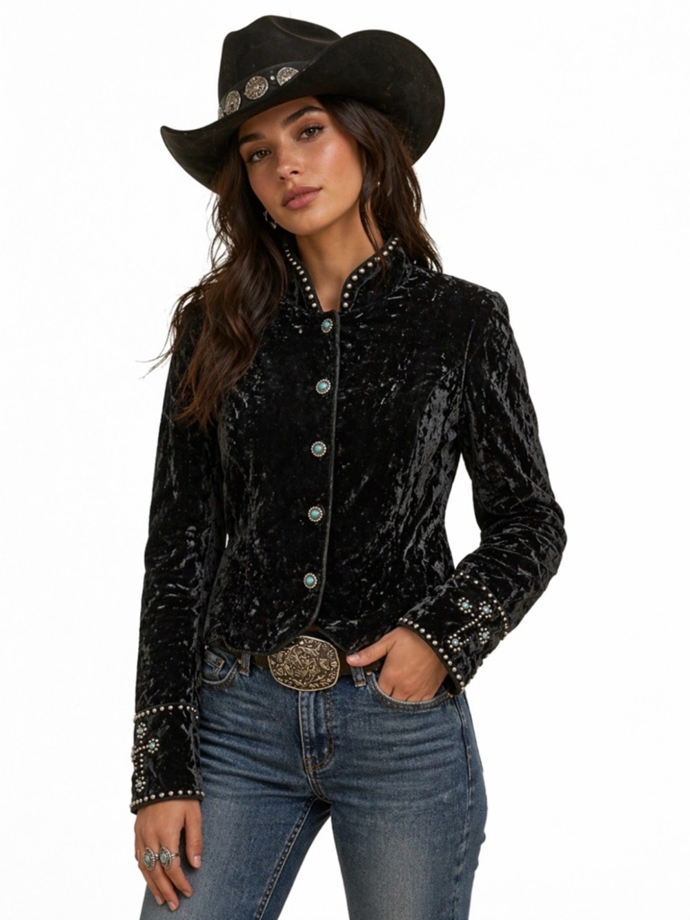VTG Women’s DOUBLE D RANCH Crushed Velet Black Western Boho Studded Jacket L
